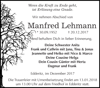 Traueranzeige von Manfred Lehmann von WVG - Wochenspiegel Dessau / Köthen