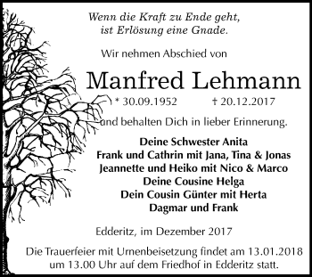 Traueranzeige von Manfred Lehmann von Mitteldeutsche Zeitung Köthen