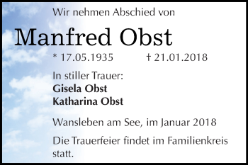 Traueranzeige von Manfred Obst von Super Sonntag SGH Mansf. Land