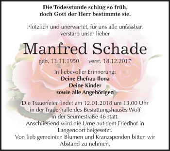 Traueranzeige von Manfred Schade von Mitteldeutsche Zeitung Weißenfels