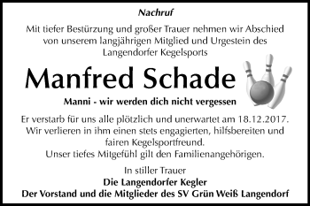 Traueranzeige von Manfred Schade von Mitteldeutsche Zeitung Weißenfels