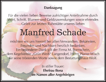 Traueranzeige von Manfred Schade von Mitteldeutsche Zeitung Weißenfels