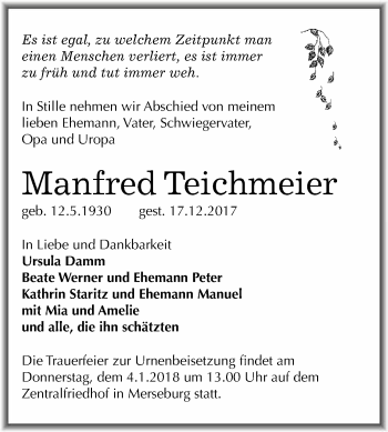 Traueranzeige von Manfred Teichmeier von WVG - Wochenspiegel Merseburg