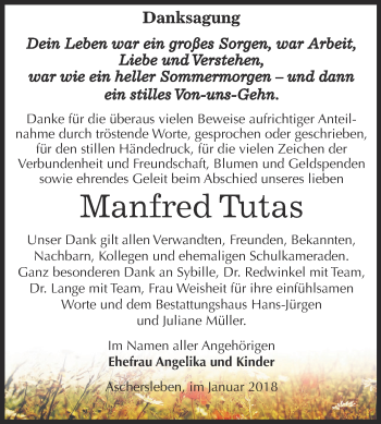 Traueranzeige von Manfred Tutas von Super Sonntag Aschersleben