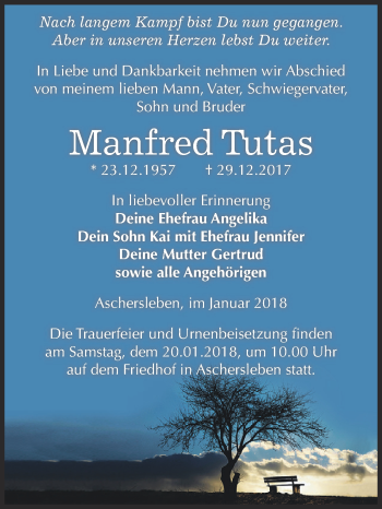 Traueranzeige von Manfred Tutas von Super Sonntag Aschersleben