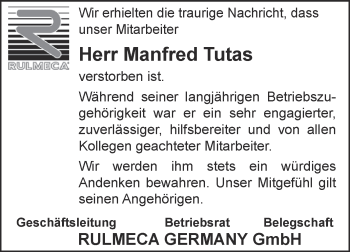 Traueranzeige von Manfred Tutas von Super Sonntag Aschersleben