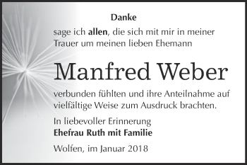Traueranzeige von Manfred Weber von WVG - Wochenspiegel Bitterfeld