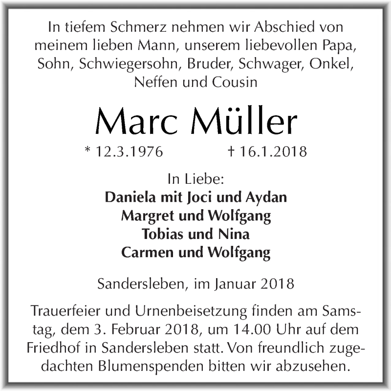  Traueranzeige für Marc Müller vom 24.01.2018 aus Wochenspiegel Mansfelder Land