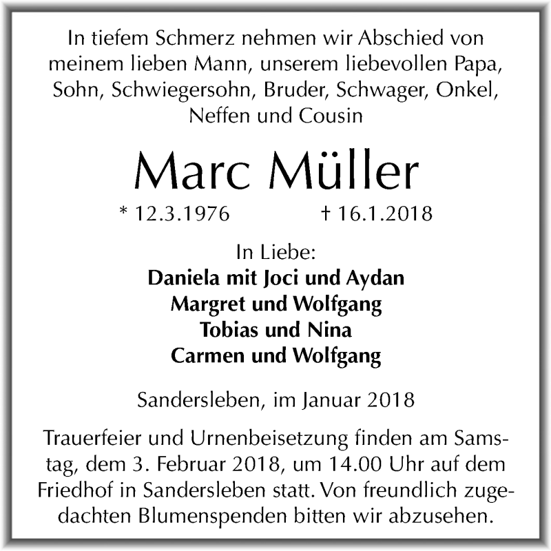  Traueranzeige für Marc Müller vom 24.01.2018 aus Mitteldeutsche Zeitung