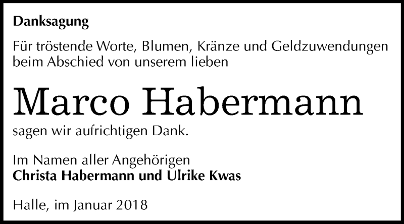  Traueranzeige für Marco Michael Habermann vom 05.01.2018 aus Mitteldeutsche Zeitung Halle/Saalkreis