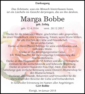 Traueranzeige von Marga Bobbe von WVG - Wochenspiegel Dessau / Köthen