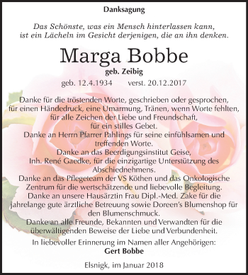 Traueranzeige von Marga Bobbe von Mitteldeutsche Zeitung Köthen