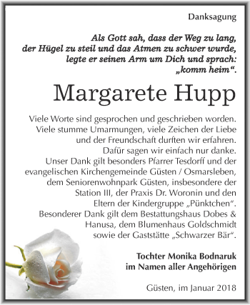 Traueranzeige von Margarete Hupp von Super Sonntag Bernburg
