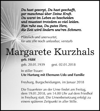 Traueranzeige von Margarete Kurzhals von Mitteldeutsche Zeitung