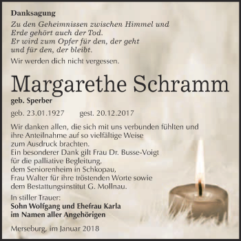 Traueranzeige von Margarethe Schramm von WVG - Wochenspiegel Merseburg