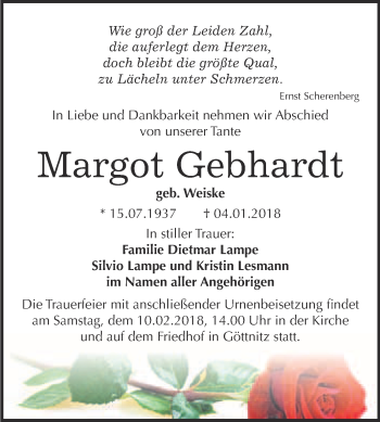 Traueranzeige von Margot Gebhardt von WVG - Wochenspiegel Bitterfeld