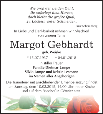 Traueranzeige von Margot Gebhardt von Mitteldeutsche Zeitung Bitterfeld