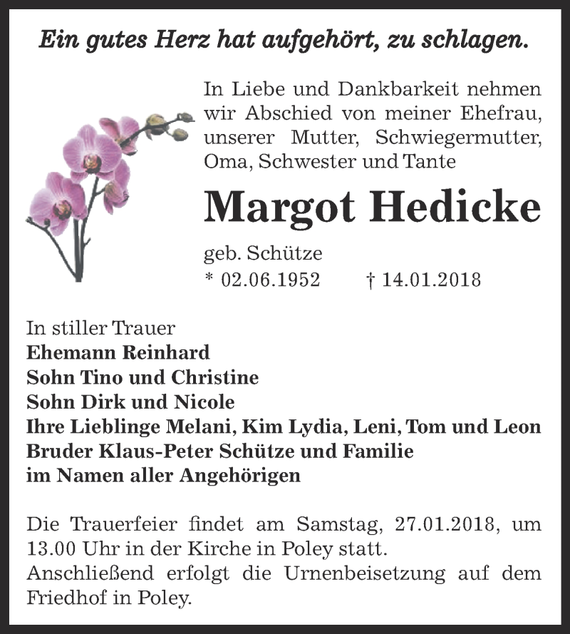  Traueranzeige für Margot Hedicke vom 20.01.2018 aus Super Sonntag Bernburg
