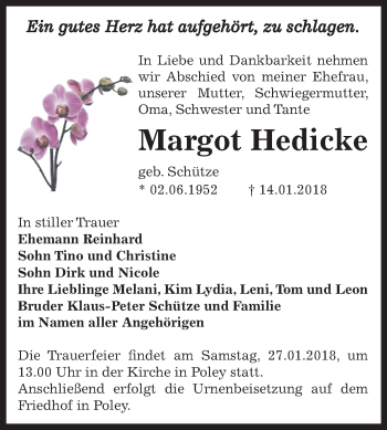 Traueranzeige von Margot Hedicke von Mitteldeutsche Zeitung Bernburg