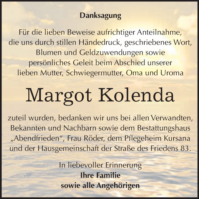  Traueranzeige für Margot Kolenda vom 20.01.2018 aus WVG - Wochenspiegel Merseburg