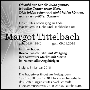 Traueranzeige von Margot Tittelbach von Mitteldeutsche Zeitung