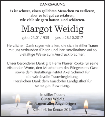 Traueranzeige von Margot Weidig von WVG - Wochenspiegel NMB / WSF / ZTZ