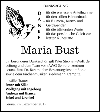 Traueranzeige von Maria Bust von WVG - Wochenspiegel Merseburg