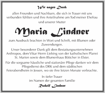Traueranzeige von Maria Lindner von Super Sonntag Wittenberg