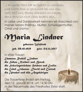 Traueranzeige von Maria Lindner von Super Sonntag Wittenberg