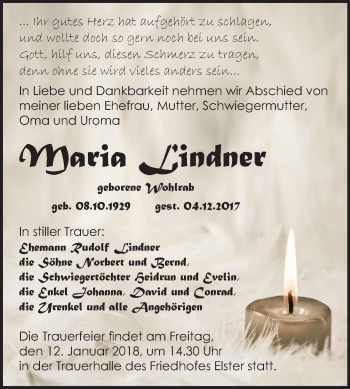 Traueranzeige von Maria Lindner von Mitteldeutsche Zeitung