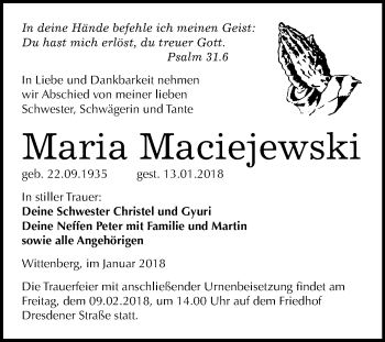 Traueranzeige von Maria Maciejewski von Mitteldeutsche Zeitung