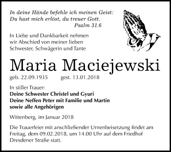 Traueranzeige von Maria Maciejewski von WVG - Wochenspiegel Wittenberg