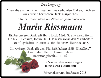 Traueranzeige von Maria Rissmann von Mitteldeutsche Zeitung Quedlinburg