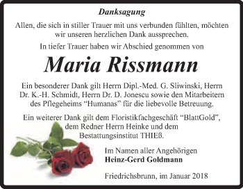 Traueranzeige von Maria Rissmann von Super Sonntag Quedlinburg