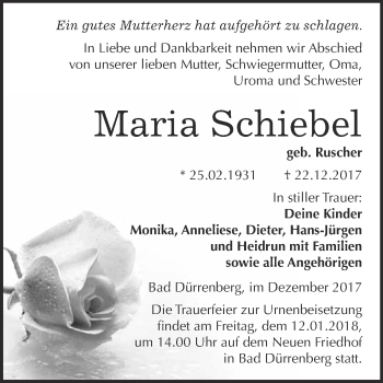 Traueranzeige von Maria Schiebel von Super Sonntag Merseburg