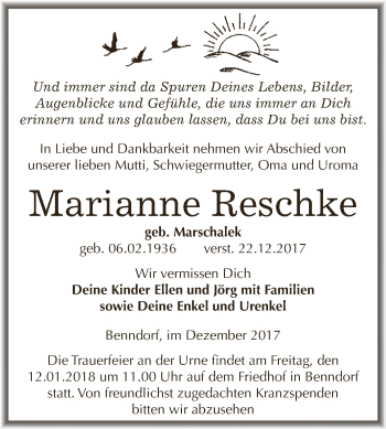 Traueranzeige von Marianne Reschke von Super Sonntag SGH Mansf. Land