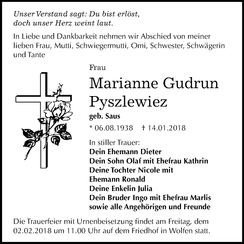  Traueranzeige für Marianne Gudrun Pyszlewiez vom 20.01.2018 aus Mitteldeutsche Zeitung Bitterfeld