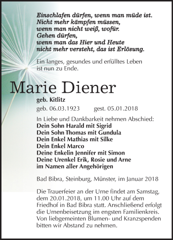 Traueranzeige von Marie Diener von Mitteldeutsche Zeitung