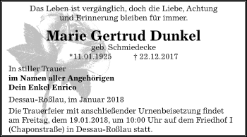 Traueranzeige von Marie Gertrud Dunkel von Mitteldeutsche Zeitung Dessau-Roßlau