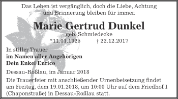 Traueranzeige von Marie Gertrud Dunkel von WVG - Wochenspiegel Dessau / Köthen