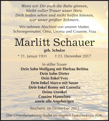 Traueranzeige von Marlitt Schauer von Mitteldeutsche Zeitung