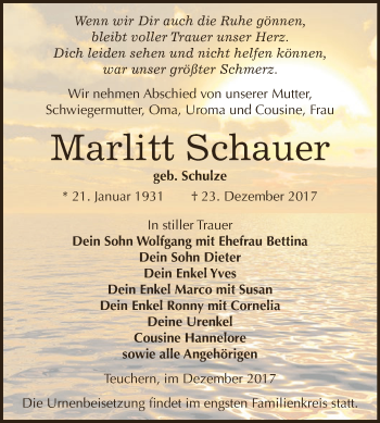 Traueranzeige von Marlitt Schauer von WVG - Wochenspiegel NMB / WSF / ZTZ