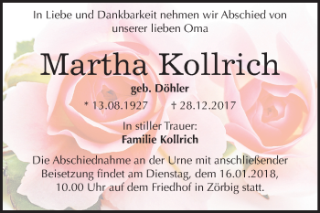 Traueranzeige von Martha Kollrich von Mitteldeutsche Zeitung Bitterfeld