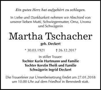 Traueranzeige von Martha Tschacher von Mitteldeutsche Zeitung Halle/Saalkreis