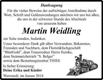 Traueranzeige von Martin Weidling von Mitteldeutsche Zeitung Quedlinburg