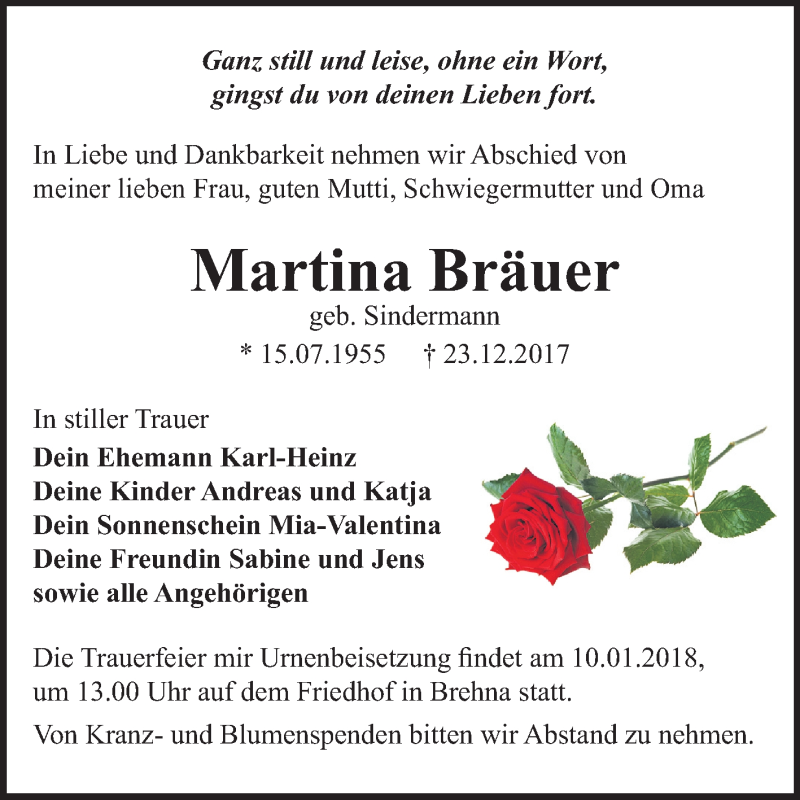  Traueranzeige für Martina Bräuer vom 05.01.2018 aus Mitteldeutsche Zeitung Bitterfeld