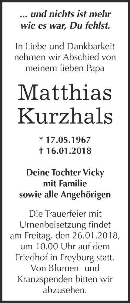  Traueranzeige für Matthias Kurzhals vom 24.01.2018 aus WVG - Wochenspiegel NMB / WSF / ZTZ