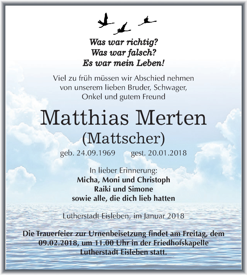  Traueranzeige für Matthias Merten vom 27.01.2018 aus Super Sonntag SGH Mansf. Land