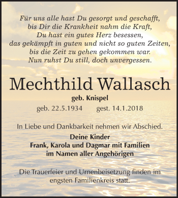 Traueranzeige von Mechthild Wallasch von Mitteldeutsche Zeitung Sangerhausen