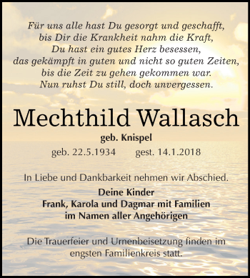 Traueranzeige von Mechthild Wallasch von Super Sonntag SGH Mansf. Land